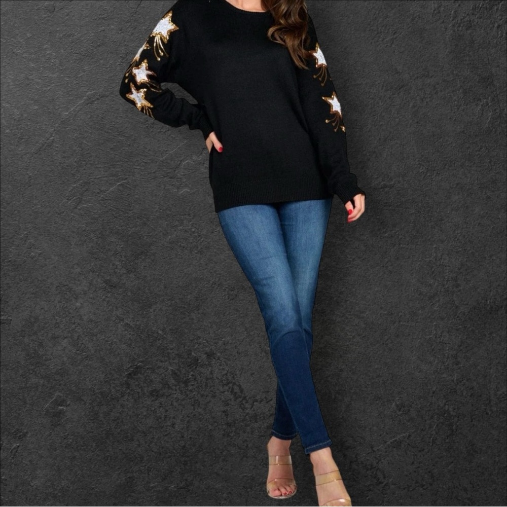 PEACH LOVE CALIFORNIA black gold star accents beautiful sweater S M L - Picture 4 of 10
